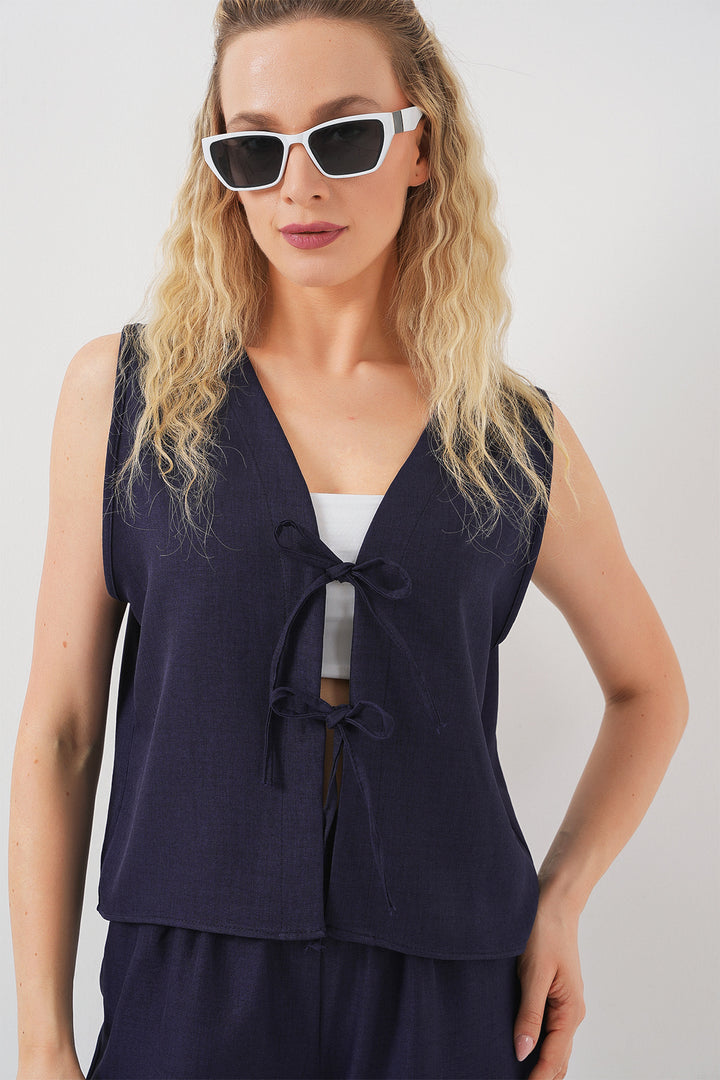 Bigdart Femme Ensemble à Deux Pièces en Lin Sans Manches 6746 - Bleu marine
