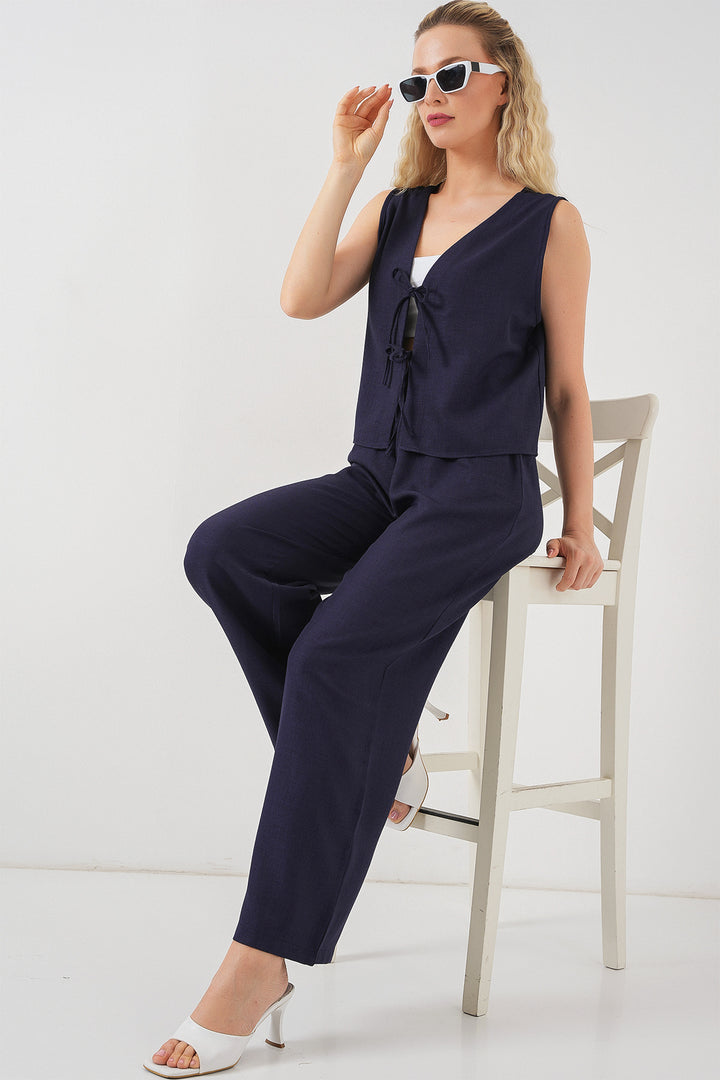 Bigdart Femme Ensemble à Deux Pièces en Lin Sans Manches 6746 - Bleu marine