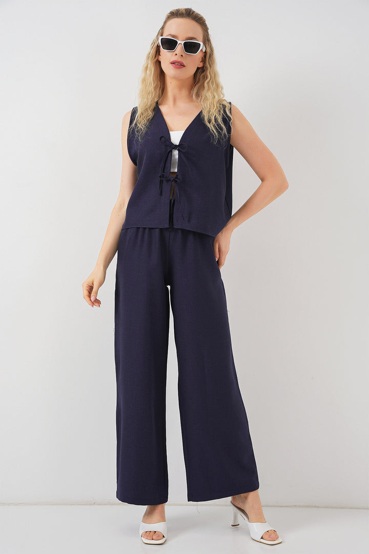 Bigdart Femme Ensemble à Deux Pièces en Lin Sans Manches 6746 - Bleu marine