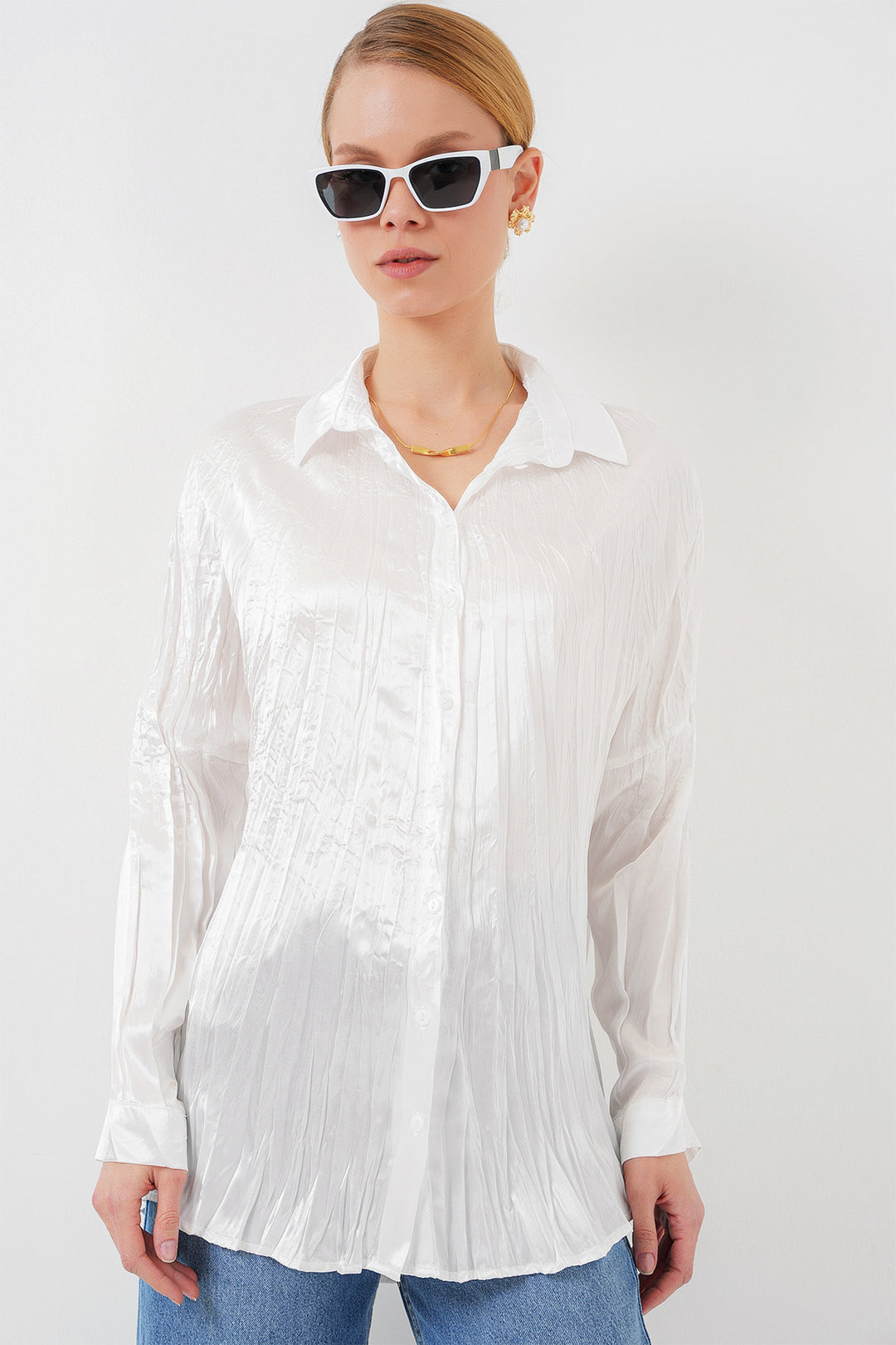 Bigdart Chemisier Satiné Froissé Femme 20316 - Blanc