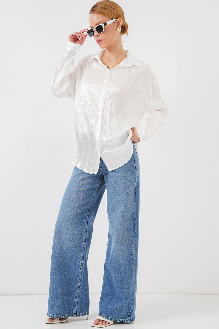 Bigdart Chemisier Satiné Froissé Femme 20316 - Blanc