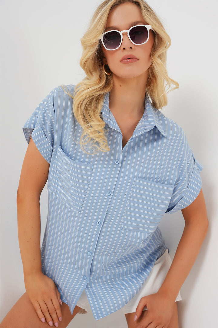 Bigdart Chemise oversize à rayures à manches courtes pour femme 20303 - Bleu
