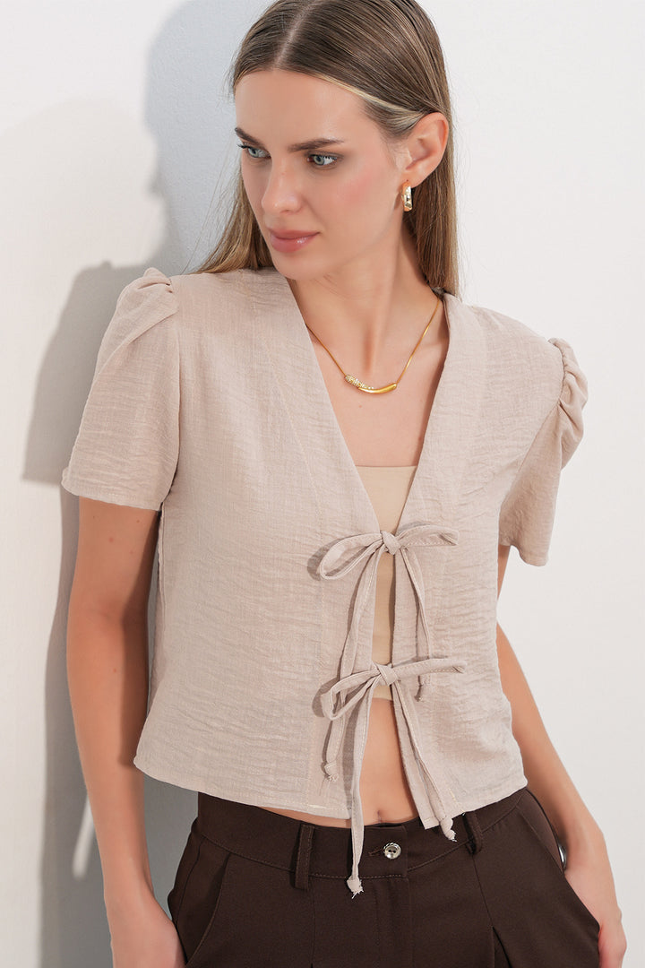 Bigdart Blouse crop à manches courtes pour femme 958 - Beige