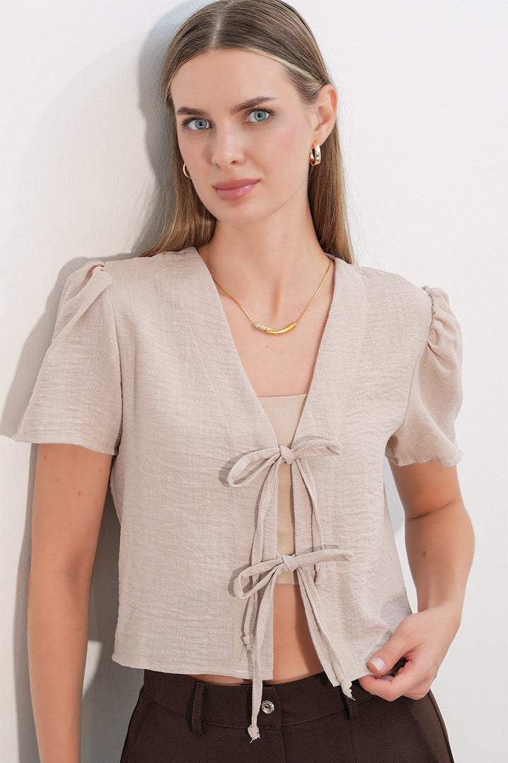 Bigdart Blouse crop à manches courtes pour femme 958 - Beige