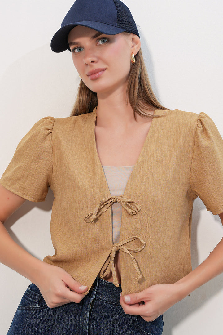 Bigdart Blouse crop à manches courtes pour femme 958 - camel