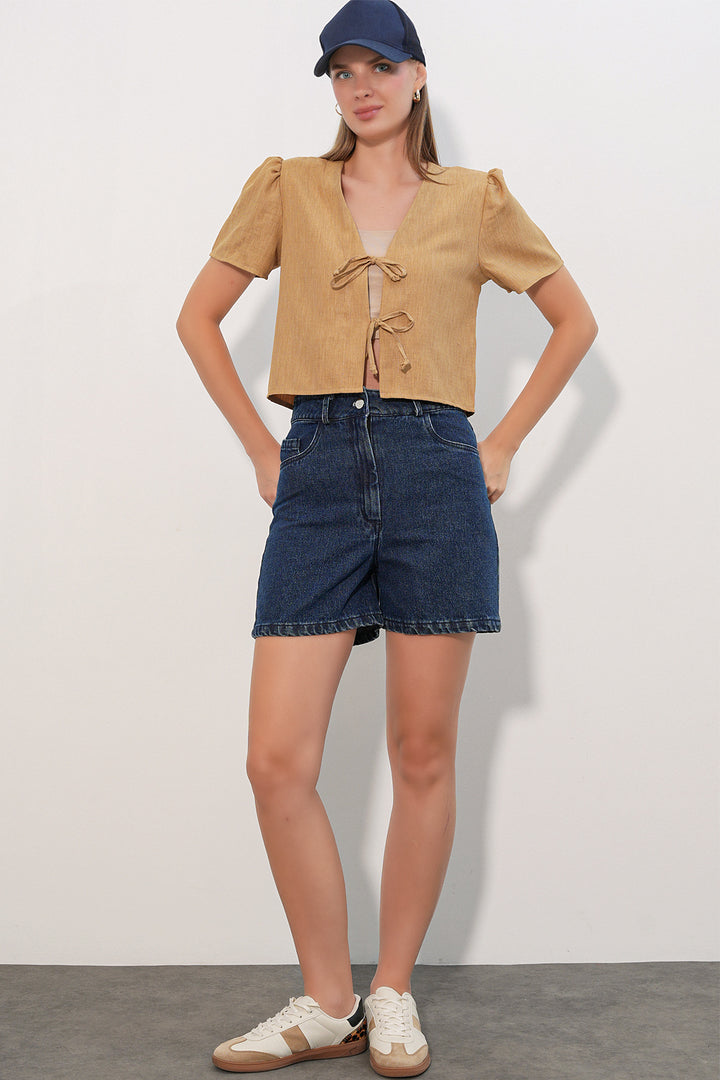 Bigdart Blouse crop à manches courtes pour femme 958 - camel
