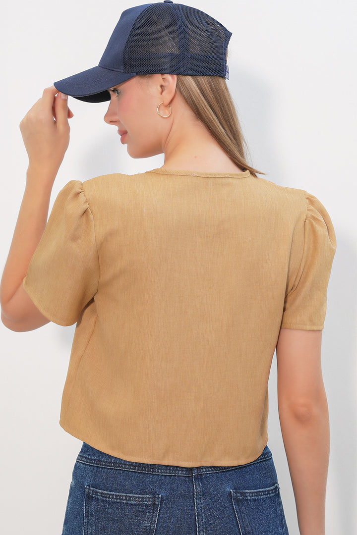 Bigdart Blouse crop à manches courtes pour femme 958 - camel