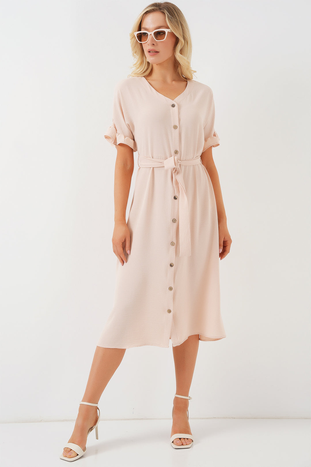 Bigdart Robe à manches courtes avec boutons pour femme 2555 - Crème