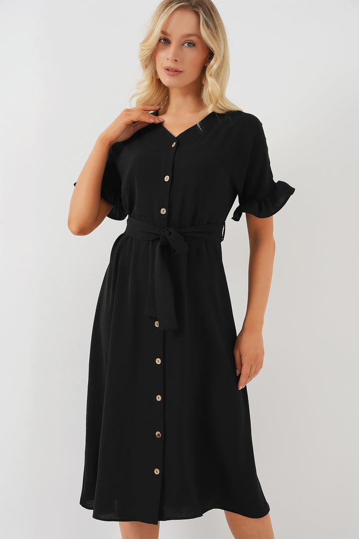 Bigdart Robe à manches courtes avec boutons pour femme 2555 - Noir