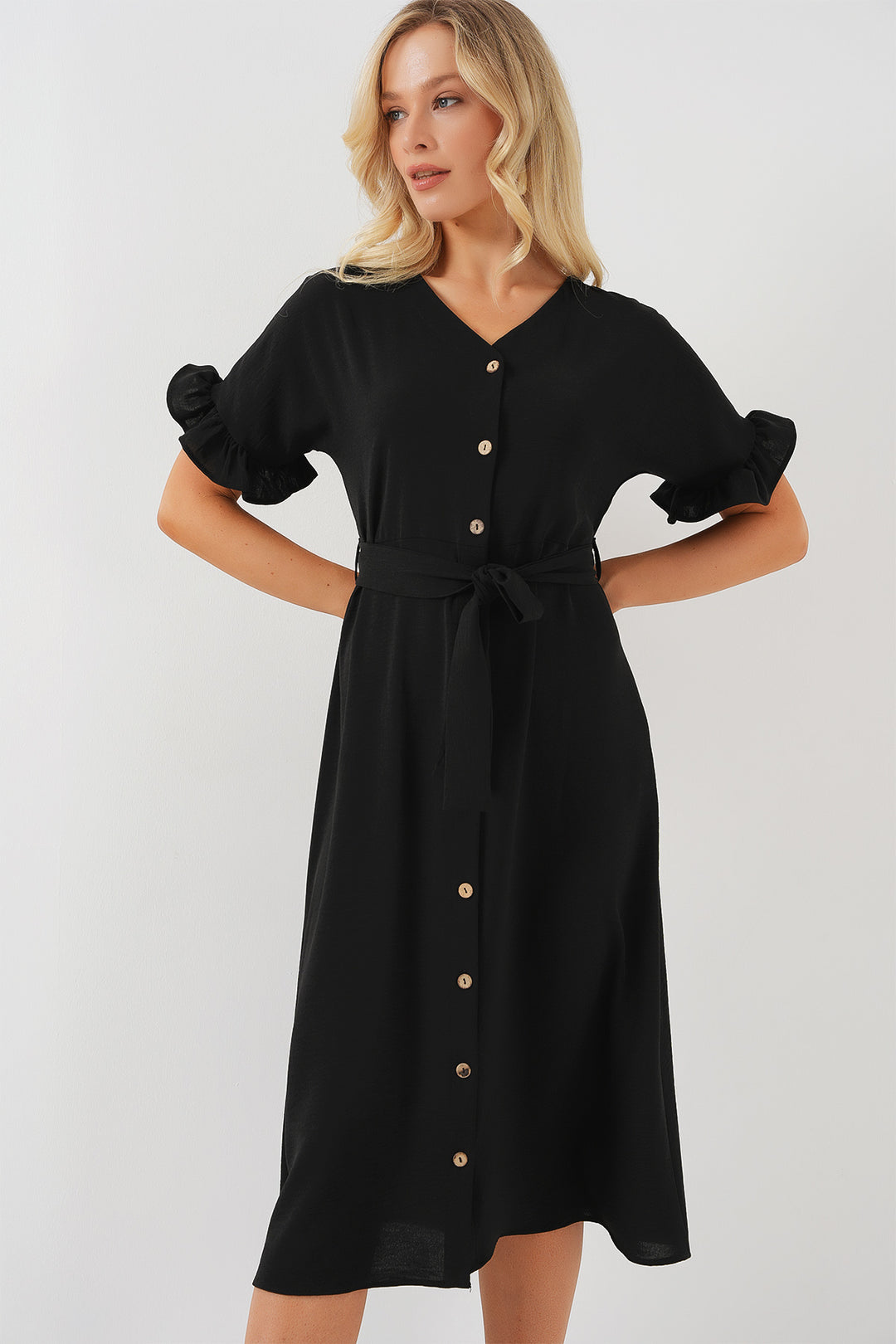 Bigdart Robe à manches courtes avec boutons pour femme 2555 - Noir
