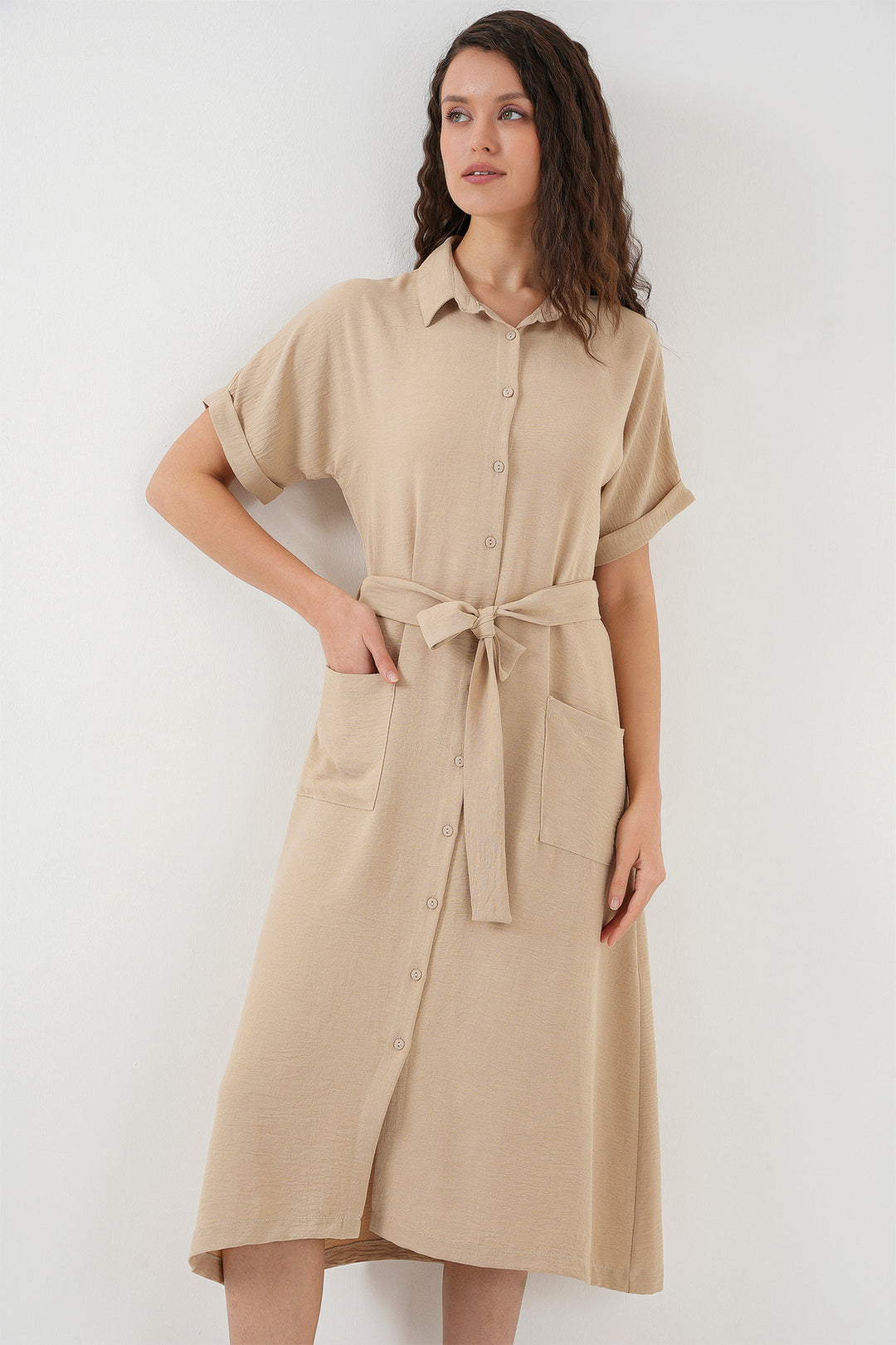 Bigdart Kadın Kısa Kol Elbise 2214 - Beige