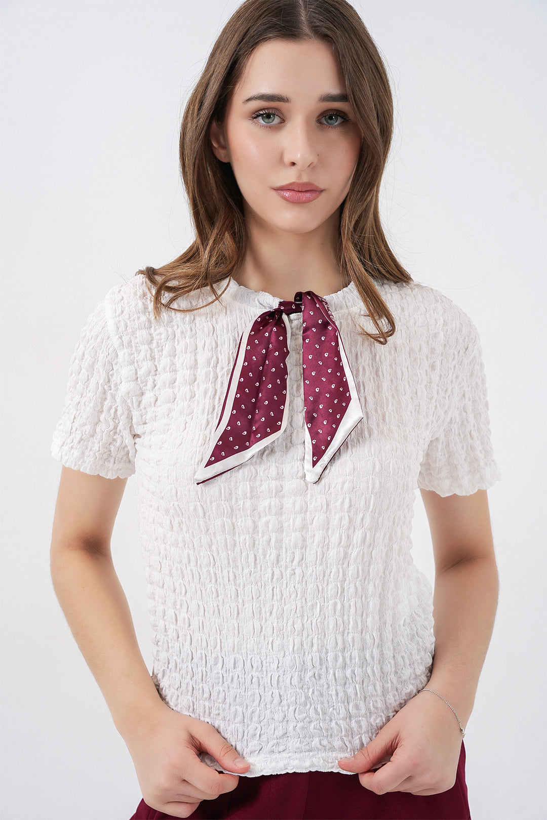 Bigdart Blouse tricotée à manches courtes avec foulard 981 - Blanc