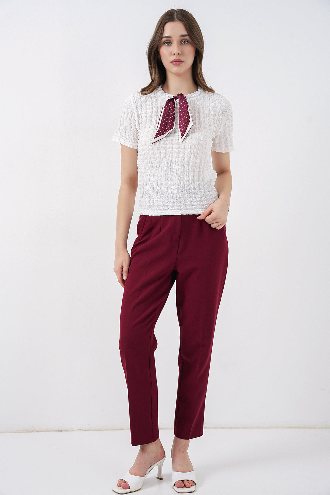Bigdart Blouse tricotée à manches courtes avec foulard 981 - Blanc