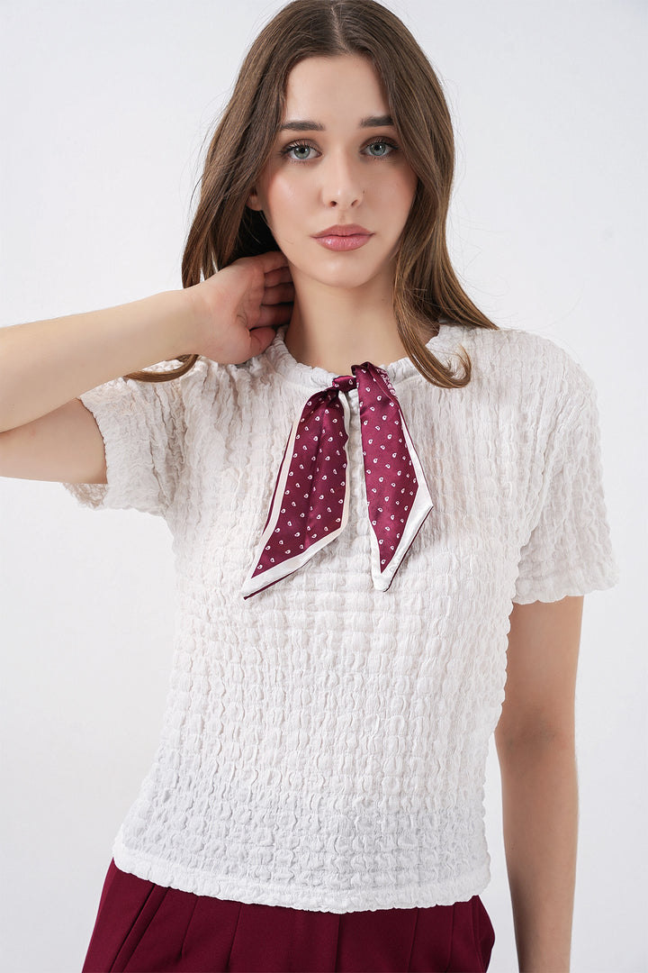 Bigdart Blouse tricotée à manches courtes avec foulard 981 - Blanc