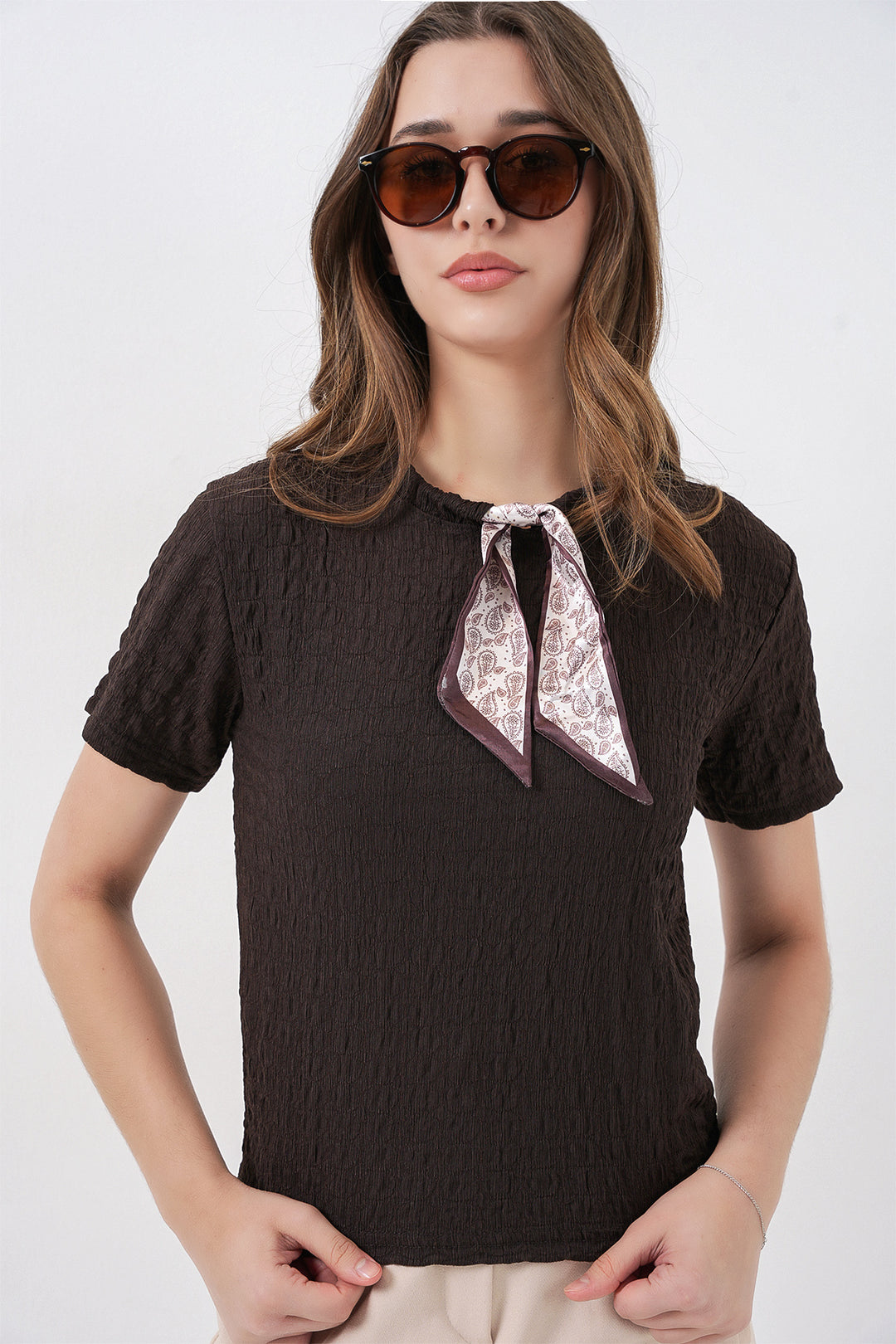 Bigdart Blouse tricotée à manches courtes avec foulard 981 - Marron