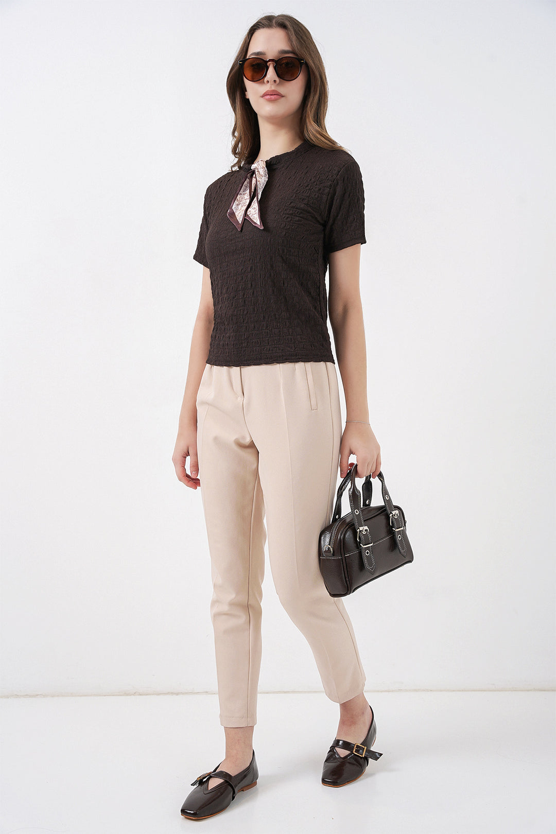 Bigdart Blouse tricotée à manches courtes avec foulard 981 - Marron