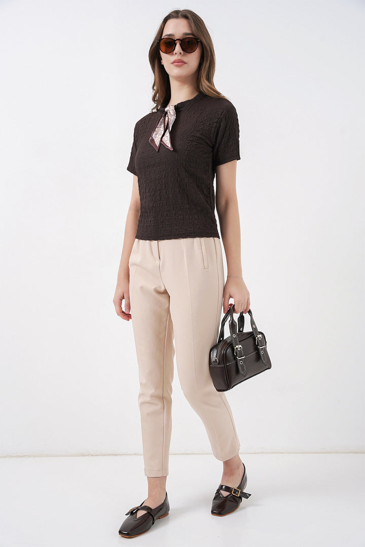Bigdart Blouse tricotée à manches courtes avec foulard 981 - Marron