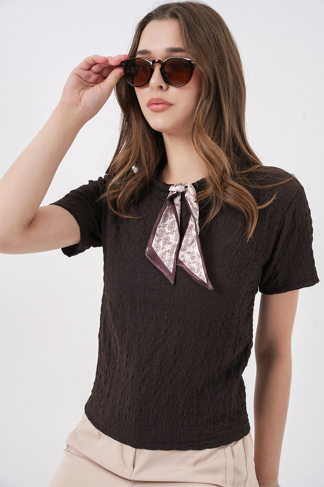 Bigdart Blouse tricotée à manches courtes avec foulard 981 - Marron