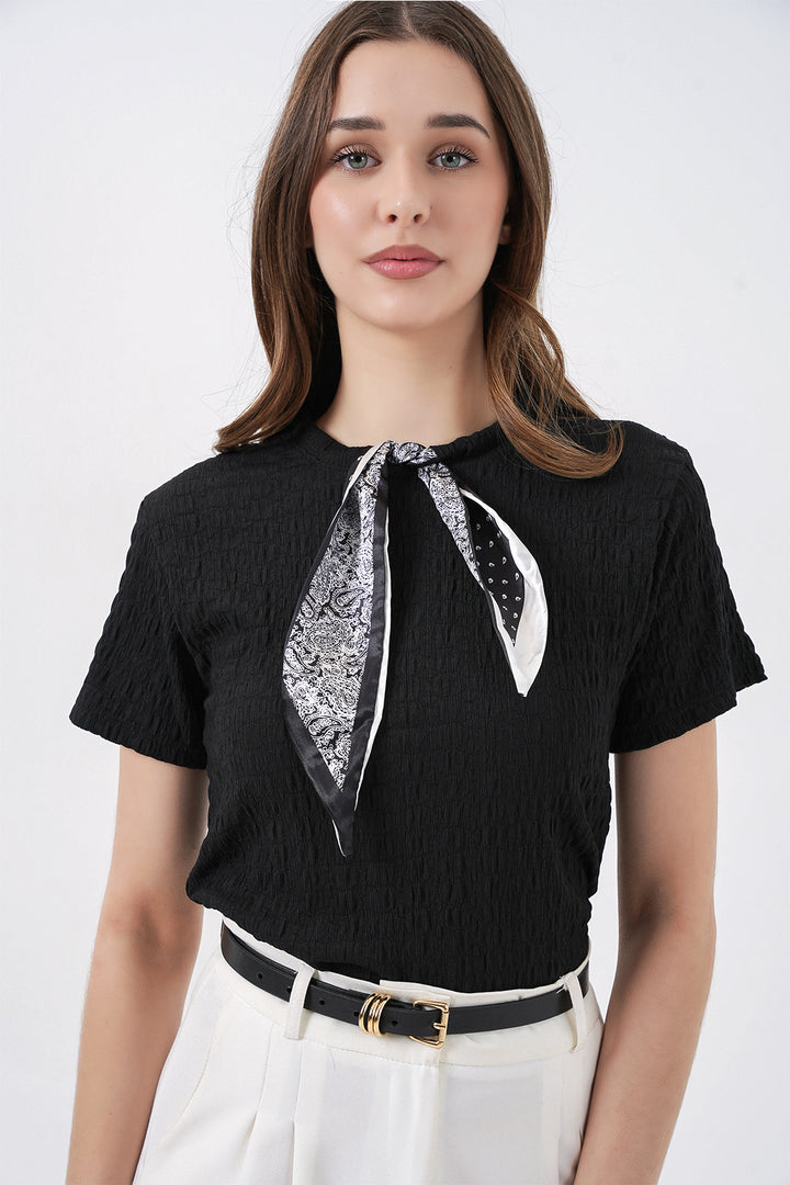 Bigdart Blouse tricotée à manches courtes avec foulard 981 - Noir