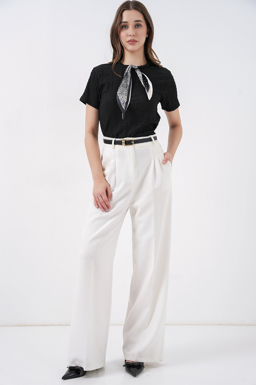Bigdart Blouse tricotée à manches courtes avec foulard 981 - Noir