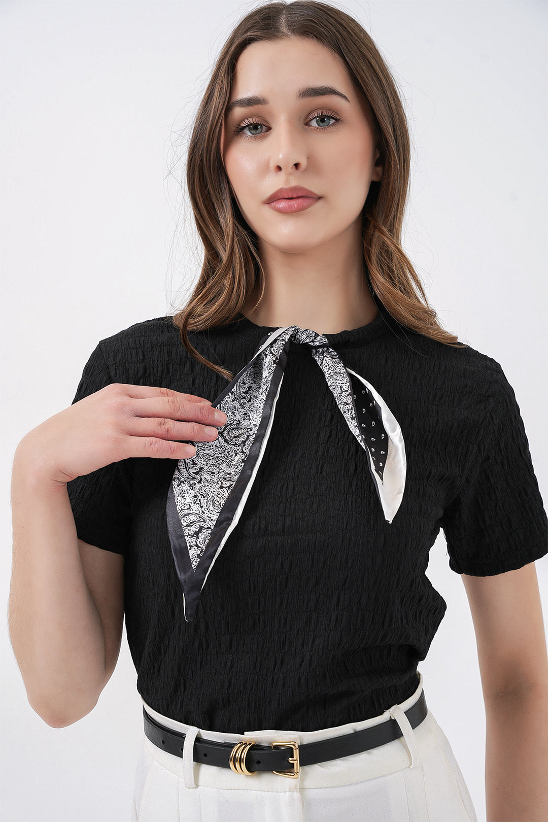 Bigdart Blouse tricotée à manches courtes avec foulard 981 - Noir