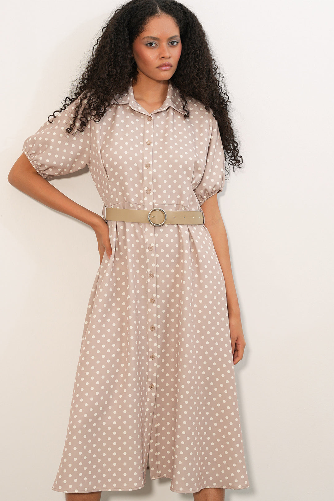 Bigdart Robe à pois à manches courtes avec ceinture pour femme 2608 - Beige