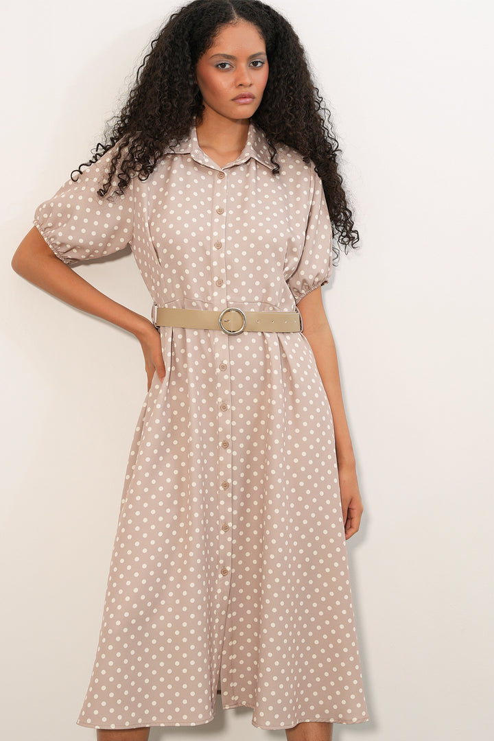 Bigdart Robe à pois à manches courtes avec ceinture pour femme 2608 - Beige