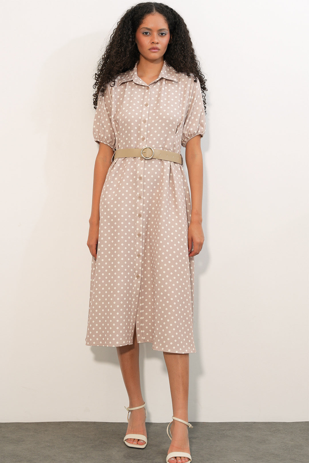 Bigdart Robe à pois à manches courtes avec ceinture pour femme 2608 - Beige