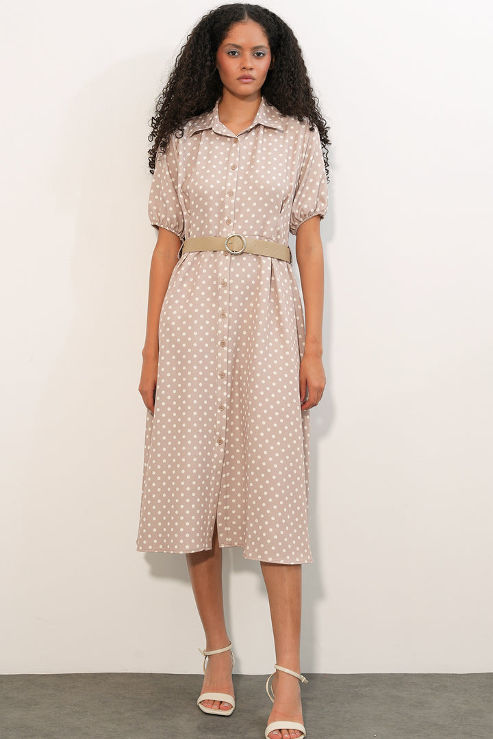 Bigdart Robe à pois à manches courtes avec ceinture pour femme 2608 - Beige
