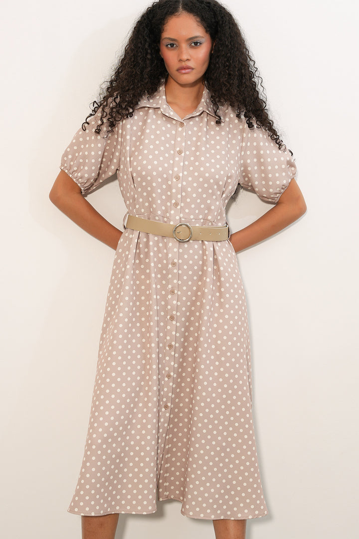 Bigdart Robe à pois à manches courtes avec ceinture pour femme 2608 - Beige