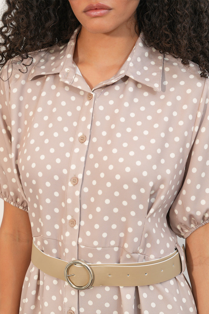 Bigdart Robe à pois à manches courtes avec ceinture pour femme 2608 - Beige