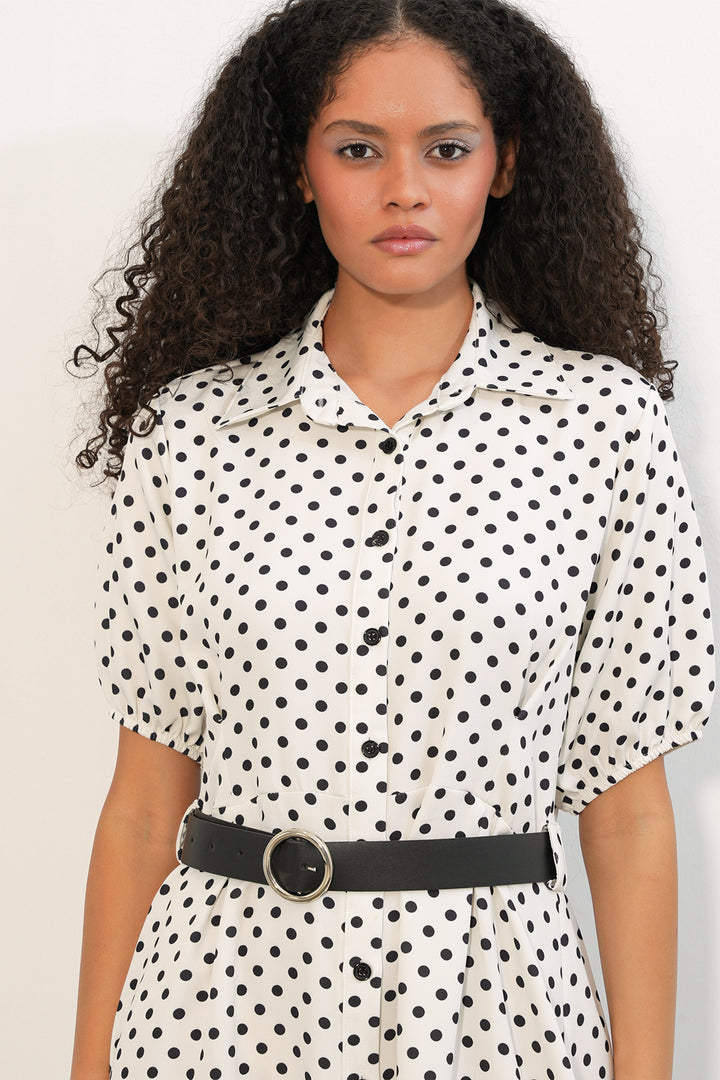 Bigdart Robe à pois à manches courtes avec ceinture pour femme 2608 - Blanc