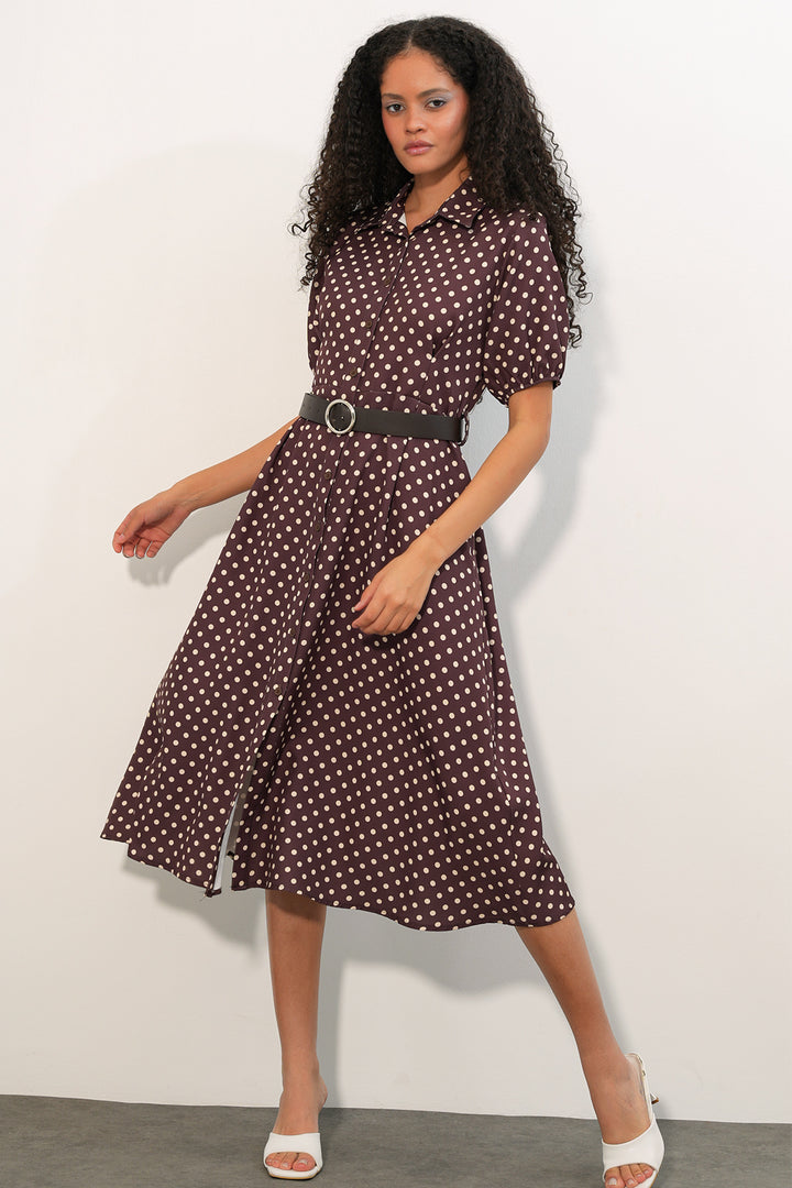 Bigdart Robe à pois à manches courtes avec ceinture pour femme 2608 - Marron
