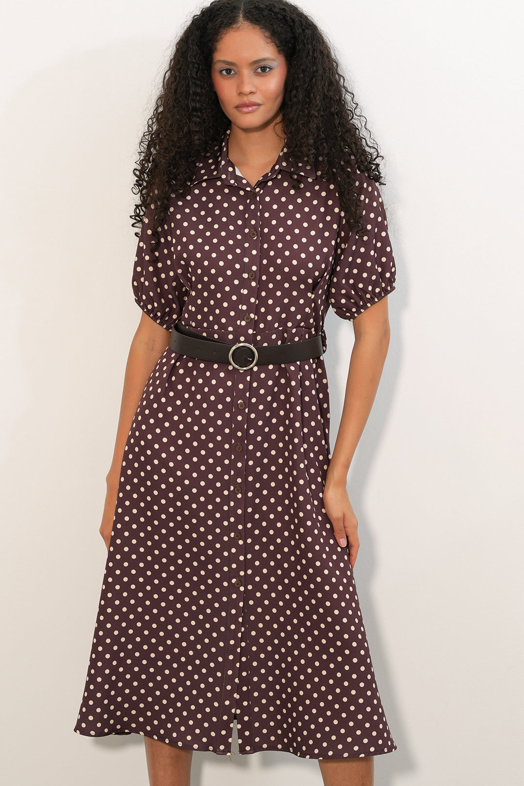 Bigdart Robe à pois à manches courtes avec ceinture pour femme 2608 - Marron