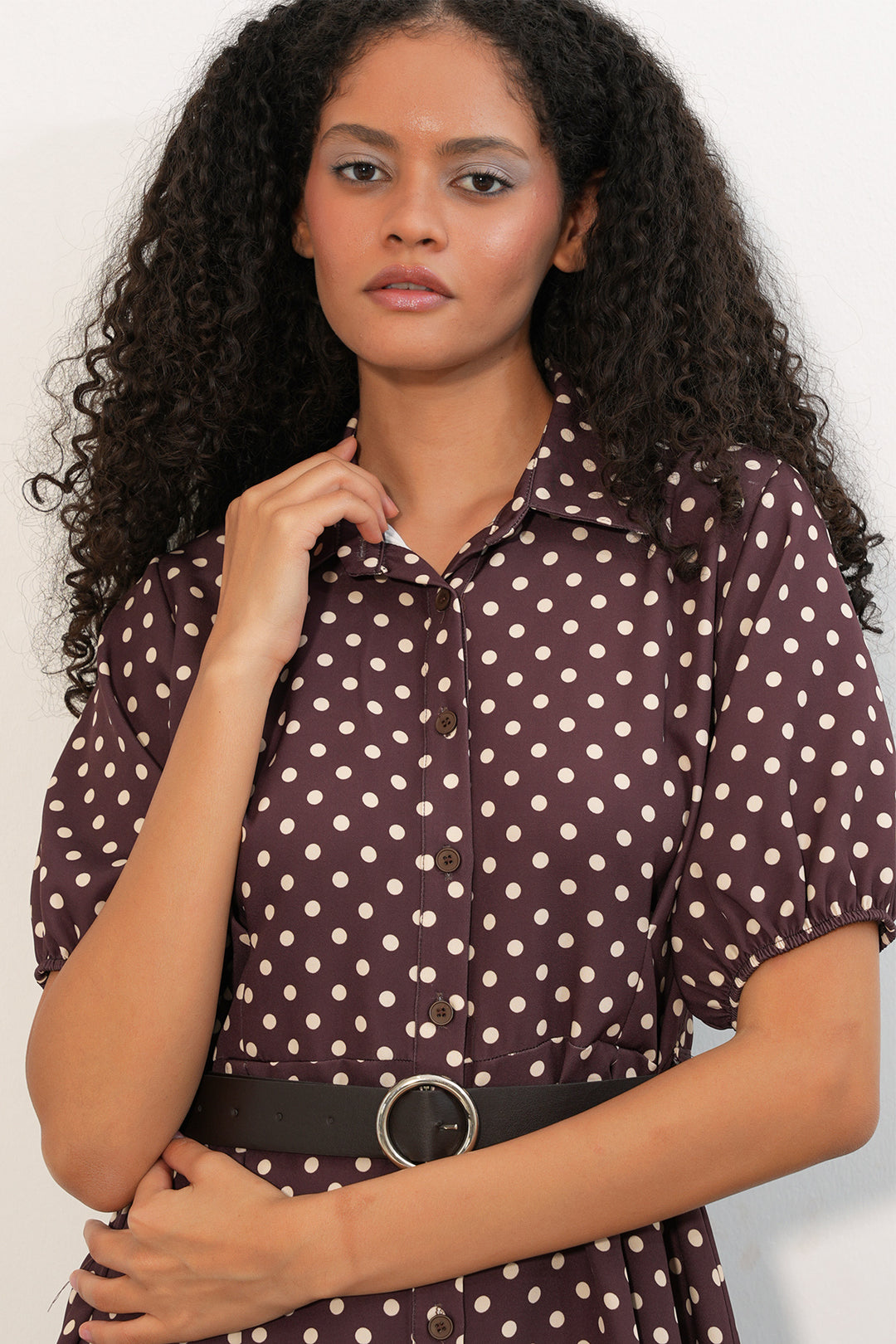 Bigdart Robe à pois à manches courtes avec ceinture pour femme 2608 - Marron
