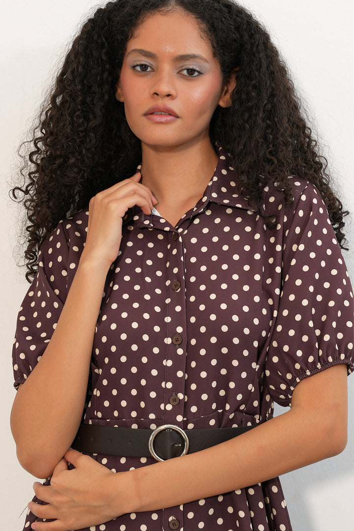 Bigdart Robe à pois à manches courtes avec ceinture pour femme 2608 - Marron
