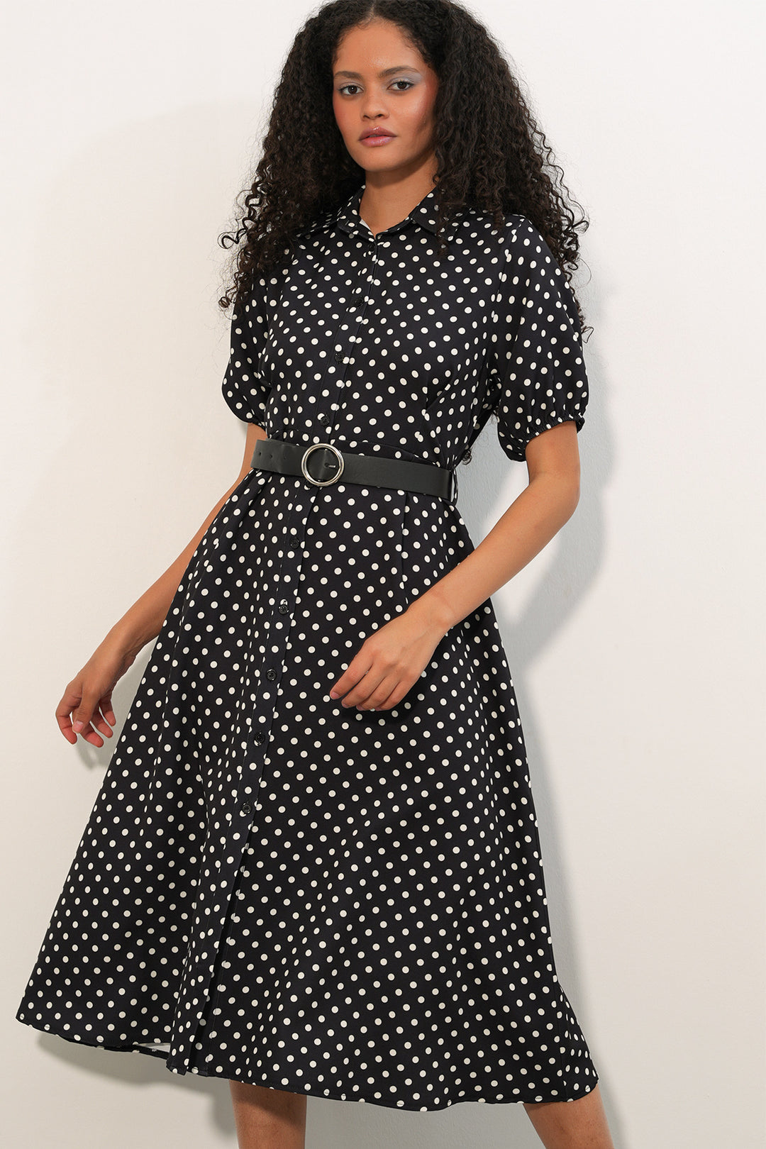 Bigdart Robe à pois à manches courtes avec ceinture pour femme 2608 - Noir