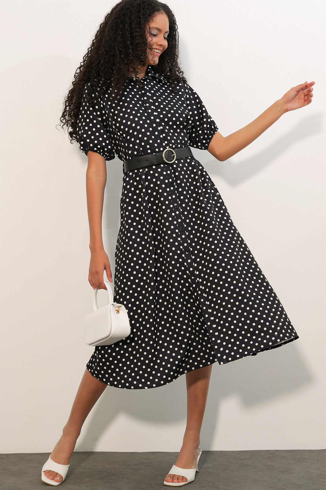 Bigdart Robe à pois à manches courtes avec ceinture pour femme 2608 - Noir