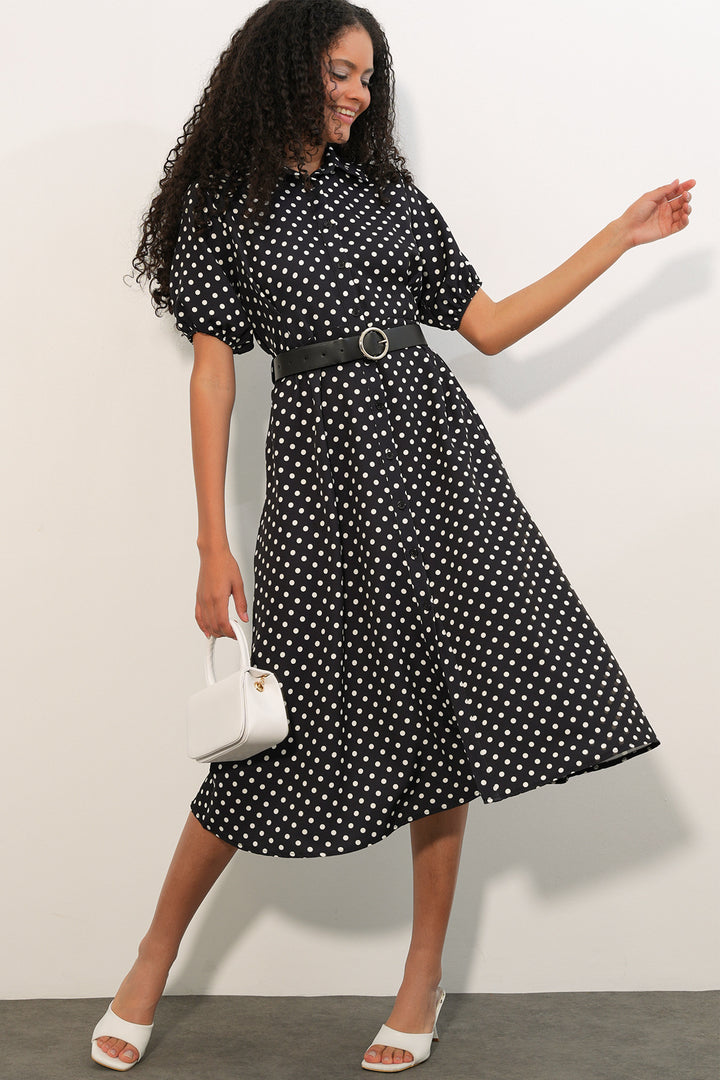 Bigdart Robe à pois à manches courtes avec ceinture pour femme 2608 - Noir