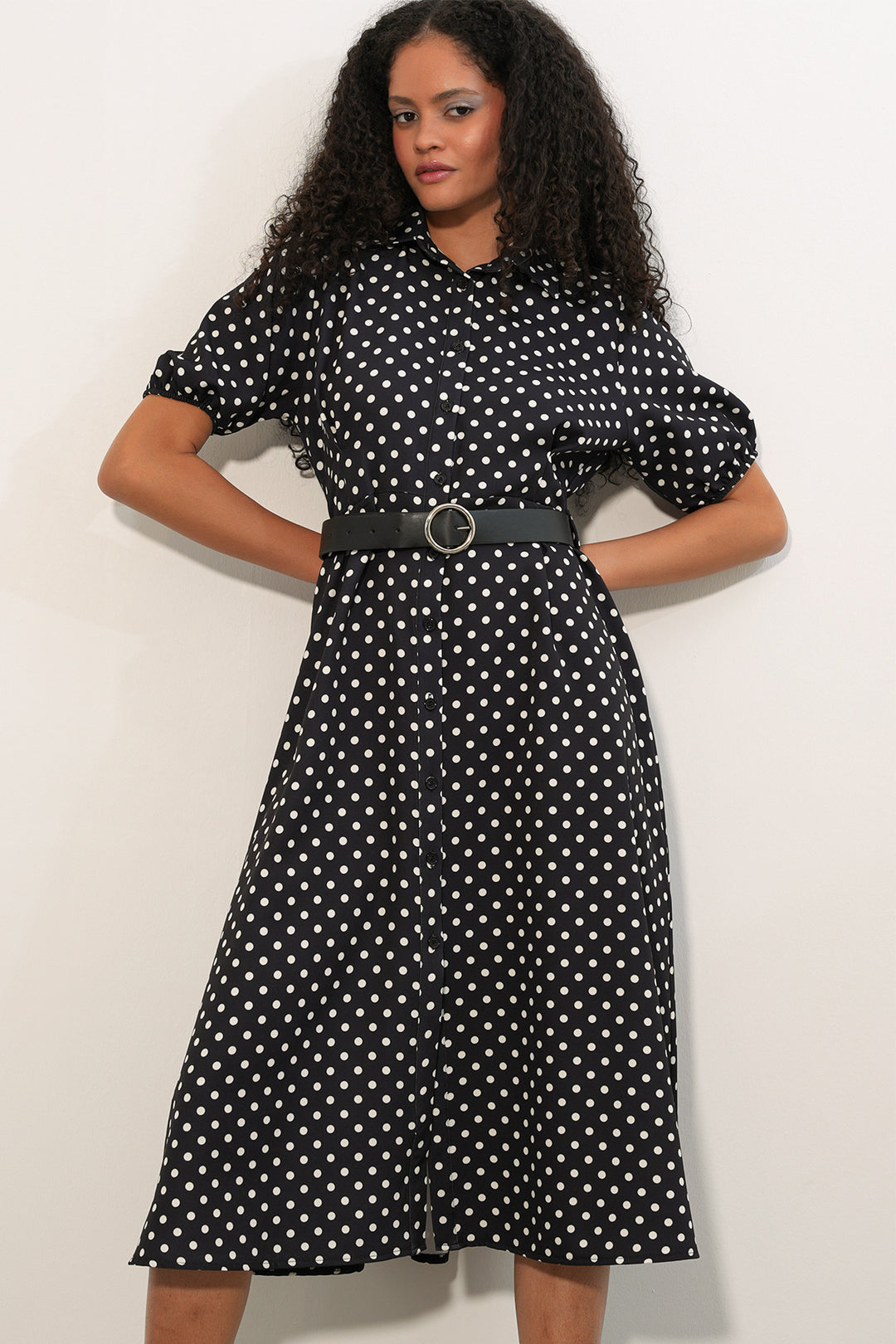 Bigdart Robe à pois à manches courtes avec ceinture pour femme 2608 - Noir