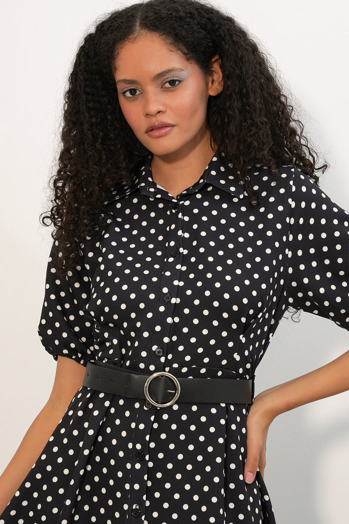 Bigdart Robe à pois à manches courtes avec ceinture pour femme 2608 - Noir