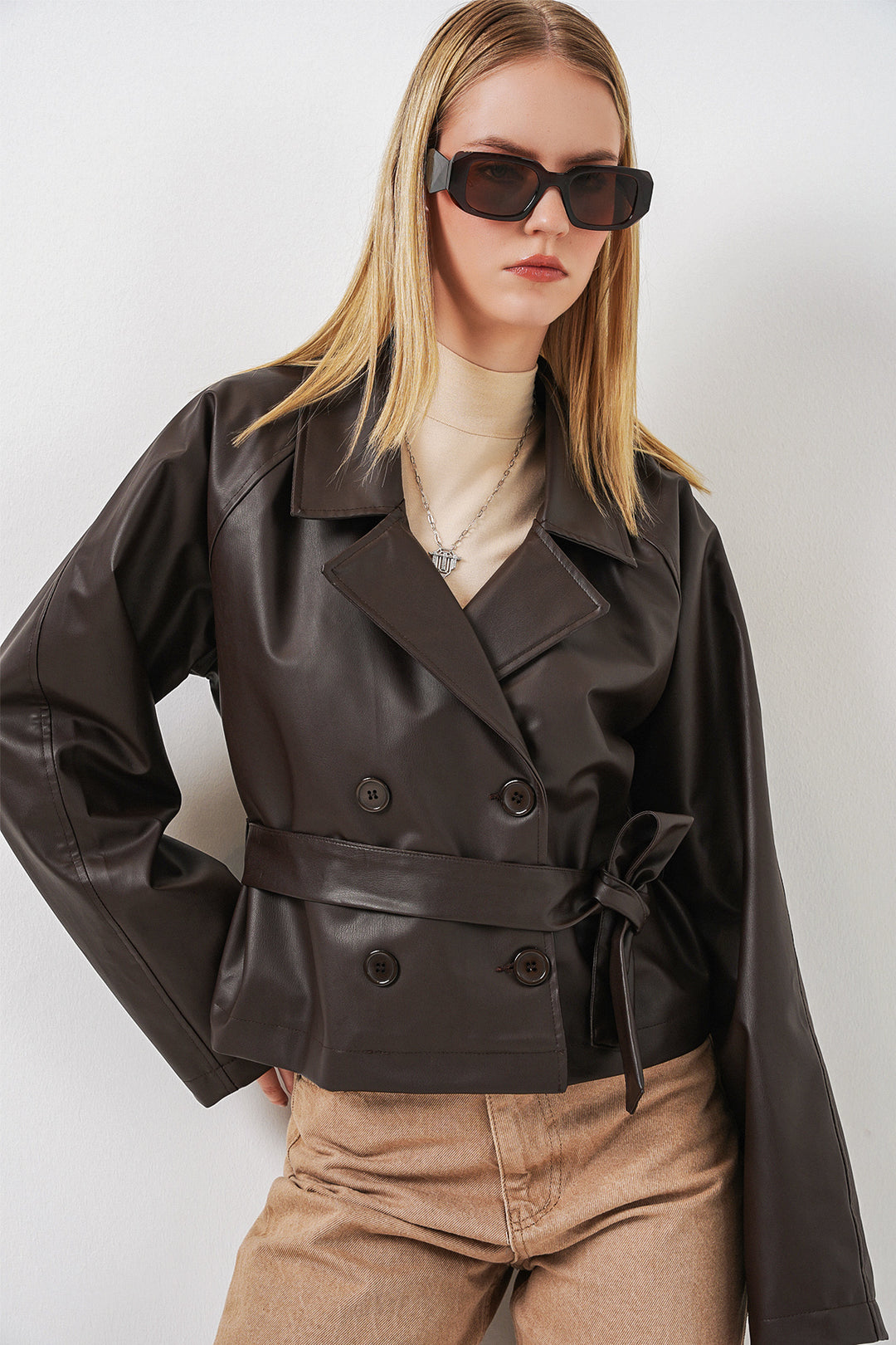 Bigdart Veste en simili cuir courte pour femme 1058 - Marron