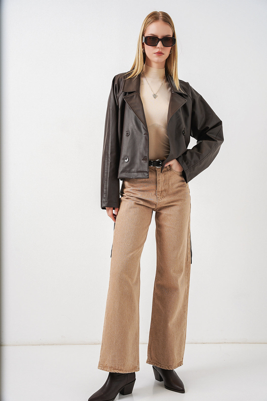 Bigdart Veste en simili cuir courte pour femme 1058 - Marron