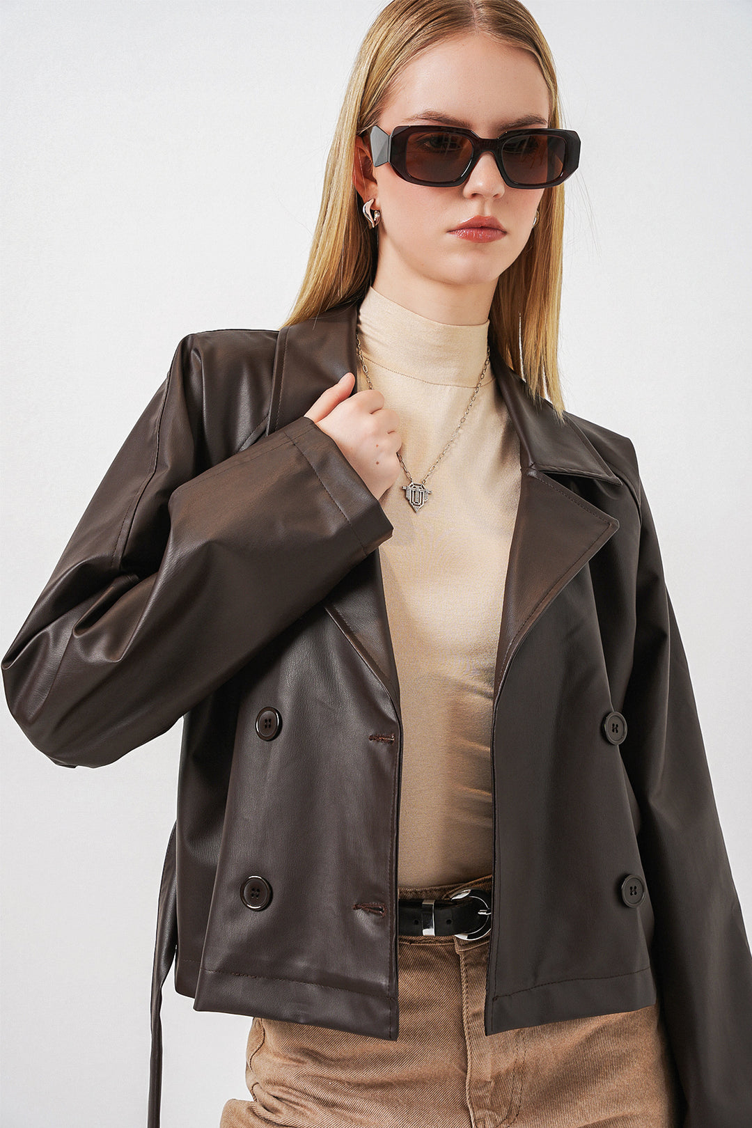Bigdart Veste en simili cuir courte pour femme 1058 - Marron
