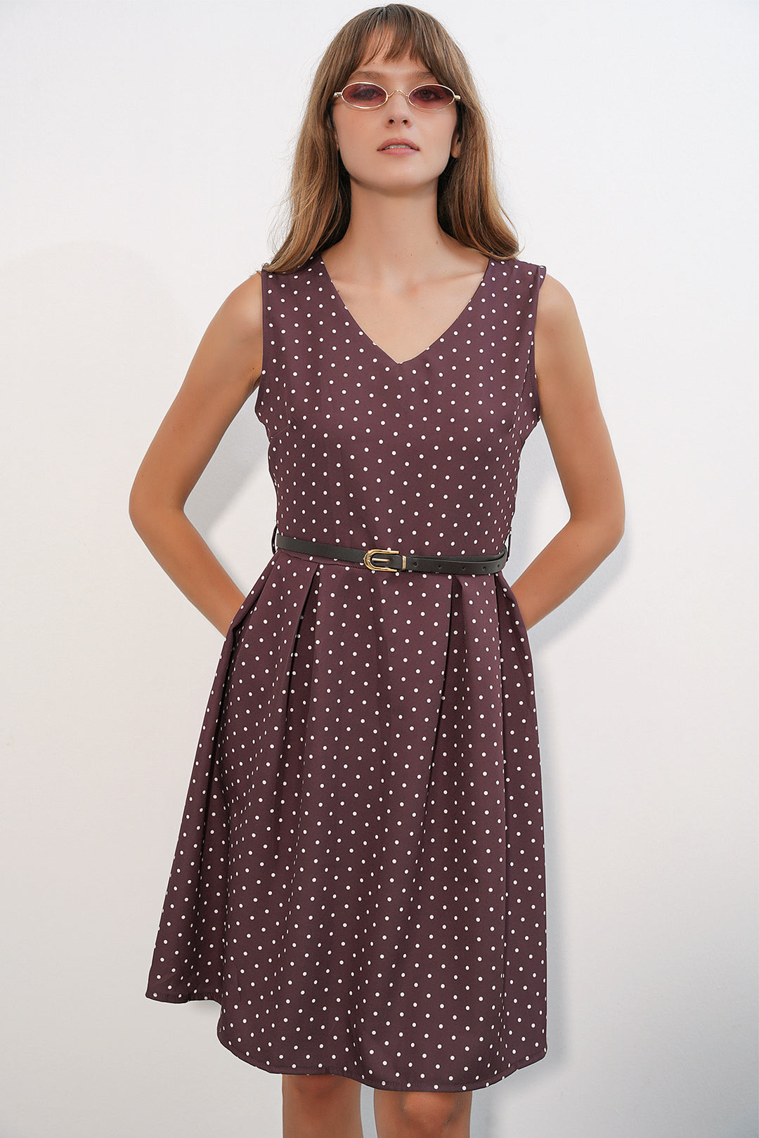Bigdart Robe courte femme col V à pois 2606 - Marron