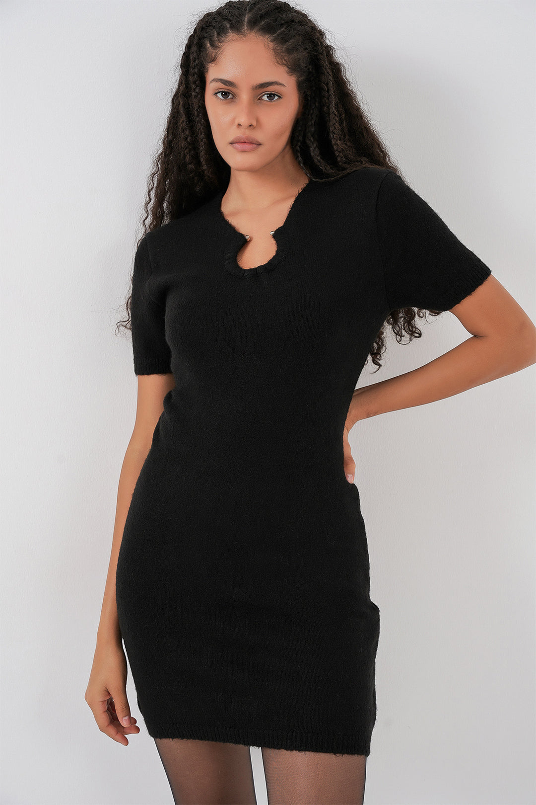 Bigdart Robe en tricot avec détail de collier pour femme 15989 - Noir