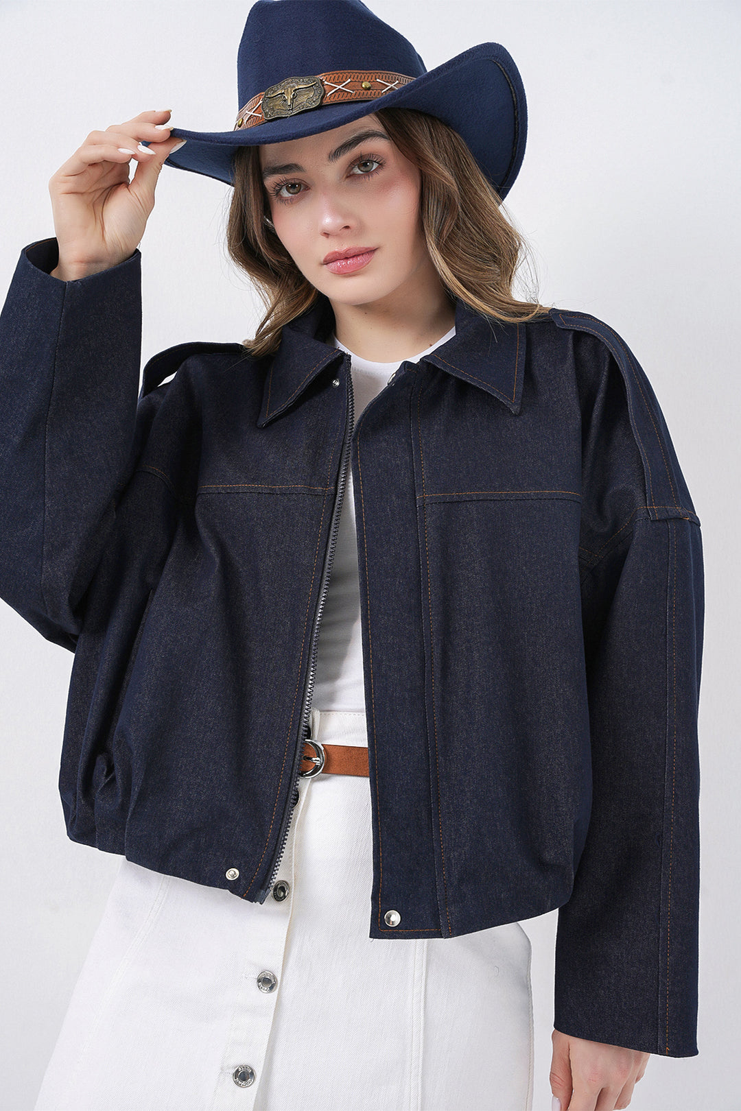 Bigdart Veste bomber en jean pour femme 0737 - Bleu marine