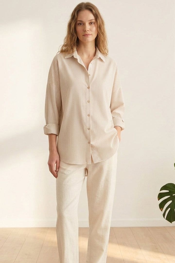 Bigdart Chemise oversize longue basique à rayures crème et noire pour femme 3900 - c.Crème