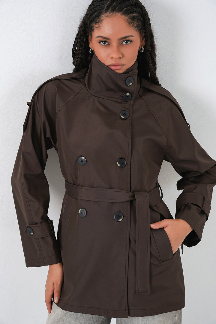 Bigdart Veste trench courte à col croisé pour femme 5980 - Marron