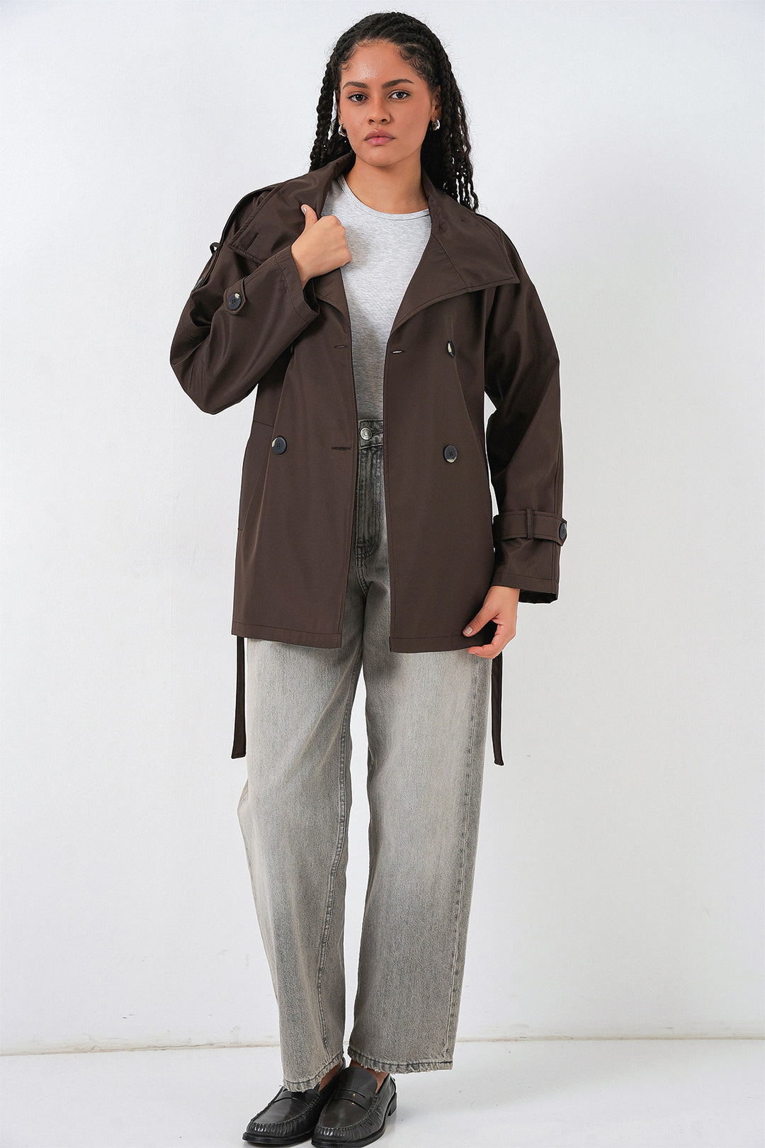 Bigdart Veste trench courte à col croisé pour femme 5980 - Marron